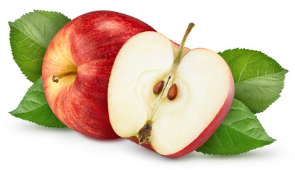 Ripe perfect apple with leaves isolated