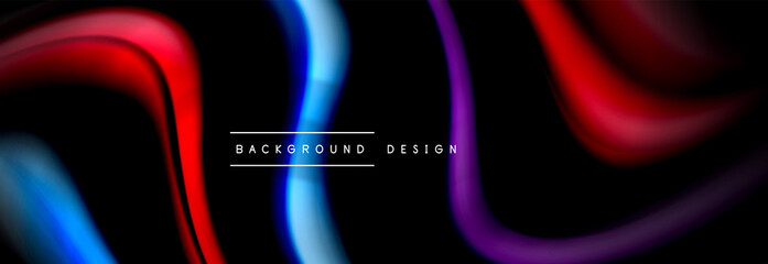 Dynamic motion abstract background. Color blurred stripes on black. Wave liquid lines poster. Vector illustration