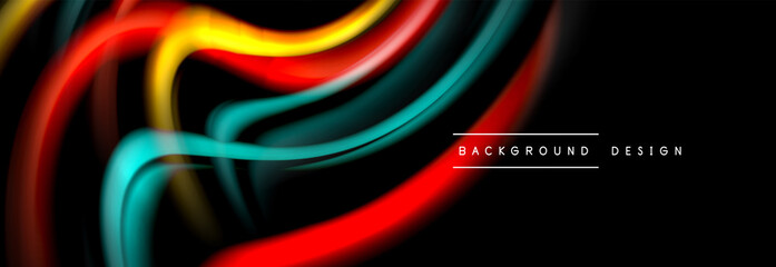 Dynamic motion abstract background. Color blurred stripes on black. Wave liquid lines poster. Vector illustration