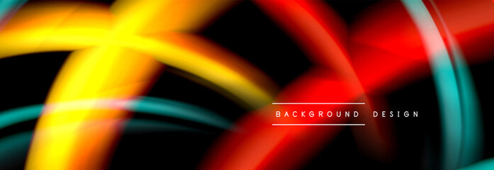 Dynamic motion abstract background. Color blurred stripes on black. Wave liquid lines poster. Vector illustration