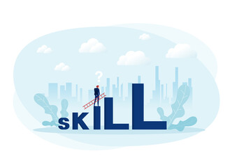 Businessman looking carry ladder cross to skill word with challenge. illustration Vector