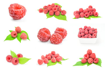 Set of raspberries with leaves isolated on a white background with clipping path