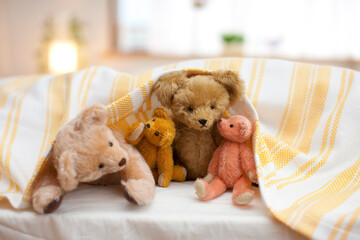 布団から顔を出すテディベアの親子