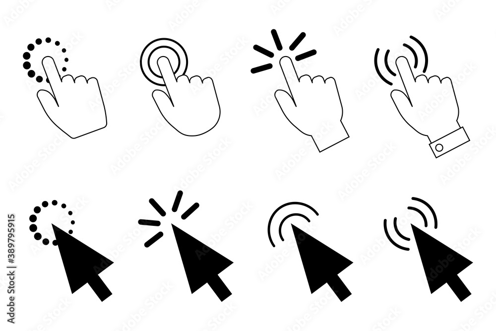 Poster mouse cursor arrows. hand and arrow pointers. vector illustration of a push symbol. stock image. eps
