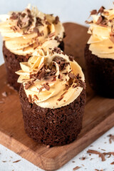 Chocolate cupcakes with pumpkin cream on light background