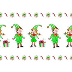 Seamless pattern with a row of Christmas elves. Xmas and new year backgrounds and textures. Border, ending for greeting cards, wrapping paper, packaging, fabric, prints, edge decorations