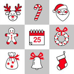 Vector set icon for Christmas and New Year design. Template for invitation, card. Isolated elements in a simple contour style