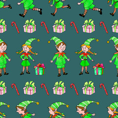 Seamless pattern with a row of Christmas elves. Xmas and new year backgrounds and textures. Border, ending for greeting cards, wrapping paper, packaging, fabric, prints, edge decorations