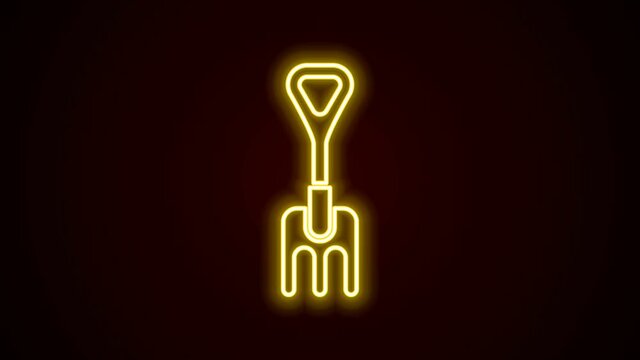Glowing neon line Garden rake icon isolated on black background. Tool for horticulture, agriculture, farming. Ground cultivator. 4K Video motion graphic animation