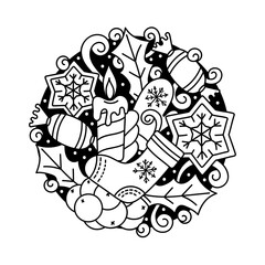 New year doodles with festive objects. For the design, pages of a coloring book. Hand-drawn round sketch. Isolated on white .