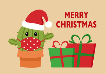 Merry Christmas concept vector illustration. Xmas gifts with cactus wearing medical mask and Santa Claus hat in flat design. Christian holiday celebration in Coronavirus outbreak.