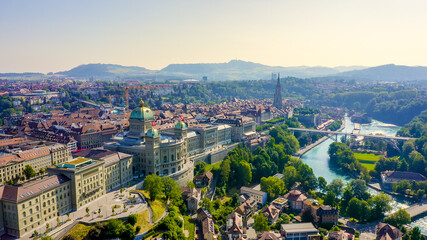 Bern, Switzerland. Federal Palace - Bundeshaus, Historic city center, general view, Aerial View