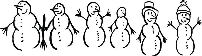 Various funny snowmen. snowmen in different clothes with carrot noses. 