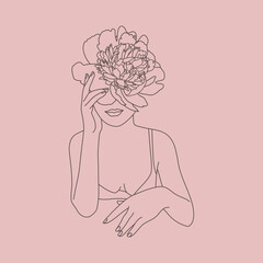 Line Art Woman face with flowers. Abstract minimal Female figure in a trendy linear style. Vector fashion illustration. Elegant art for posters, logos, t-shirts prints