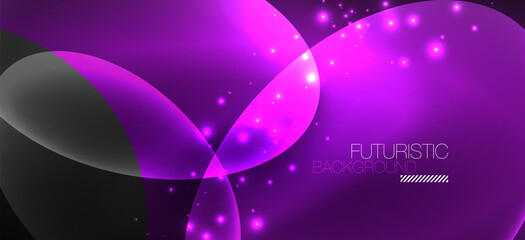 Neon ellipses abstract backgrounds. Shiny bright round shapes glowing in the dark. Vector futuristic illustrations for covers, banners, flyers and posters and other