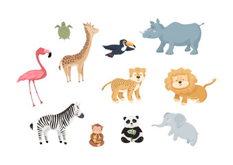 Obraz premium Cute little animals set. Collection of zoo characters. Wild jungle creatures isolated on white background.