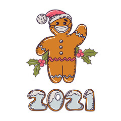 Gingerbread man in a protective mask. Christmas and new year. Vector.
