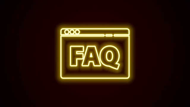 Glowing neon line Browser FAQ icon isolated on black background. Internet communication protocol. 4K Video motion graphic animation