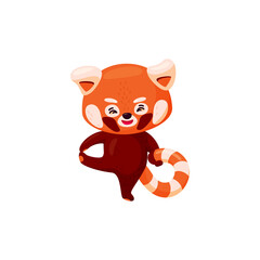 Red panda lifting one leg. Cute baby red panda practicing yoga isolated in white background. Vector illustration in cartoon style