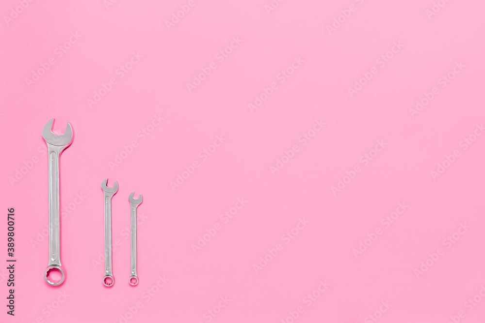 Wall mural Three metal wrenches of different sizes isolated on pink background with copy space. Conceptual idea of the differences between: boss and employee, older and younger, big and small, parent and child