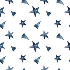 Abstract seamless pattern with watercolor triangles and stars in dark gray colors. Hand-drawn illustration. Perfect for textile, fabrics, wrapping paper, linens, cards, prints, decor, covers.