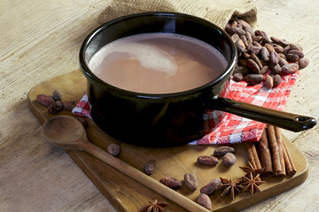 casserole de chocolat au lait chaud sur une table en bois