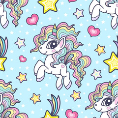 Seamless pattern with cute, little unicorns on a blue background. Vector