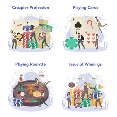 Croupier concept set. Person in uniform behind gambling