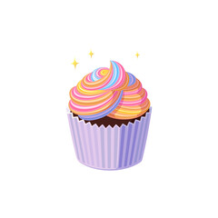 Rainbow cupcake with colorful shiny icing. Swirled cream cup. Tasty dessert with pastel rainbow frosting. Vector illustration in cute cartoon style