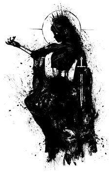 The silhouette of a ghost girl in a black torn dress, her bones show through in places, she holds a dagger with one hand and looks at a butterfly on the other. 2D illustration.