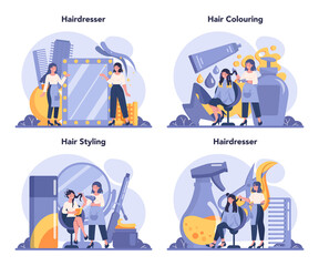 Hairdresser concept set. Idea of hair care in salon. Scissors and brush