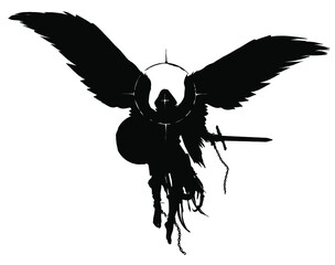 The silhouette of a warrior angel with a sword and shield floating in the air, he has bare heels, he is dressed in rags on his head, a hood and a halo around him. 2D illustration.