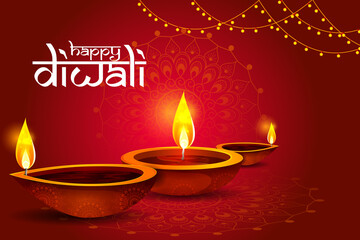 Happy Diwali decorated diya lamp on light festival of India greeting background in vector