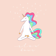 Funny unicorn meditating in lotus pose.