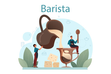 Barista concept. Bartender making a cup of hot coffe. Energetic