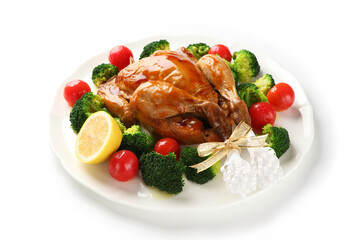 白い背景で撮影したクリスマスの料理（チキンの丸焼き）