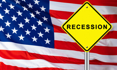 The recession in the United States. USA recession. Warning road sign with the words Recession on...