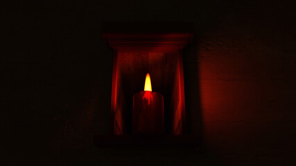 Eine Kerze steht in einer Niesche, verbreitet angenehm warmes, beruhigendes Licht in der Nacht