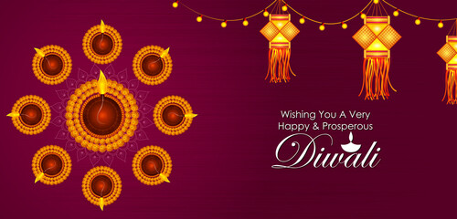 Happy Diwali decorated diya lamp on light festival of India greeting background in vector