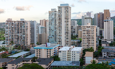 Hotel buildings  of various sizes in central Waikiki, Oahu, Hawaii