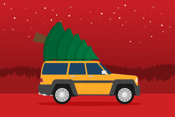 Flat vector car driven by the Christmas tree.