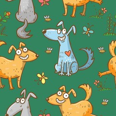 Seamless pattern with cute cartoon dogs on green background. Funny puppies are walking in nature. Print with joyful animals. Vector doodle wallpaper.