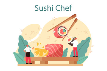 Sushi chef concept. Restaurant chef cooking rolls and sushi.