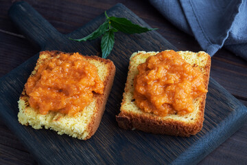 Sandwich with toast and zucchini caviar. Vegetable caviar on bread, a healthy vegetarian snack. close up