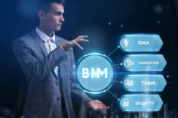 Business, Technology, Internet and network concept. Young businessman working on a virtual screen of the future and sees the inscription: BIM