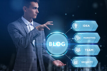 Business, Technology, Internet and network concept. Young businessman working on a virtual screen of the future and sees the inscription: Blog