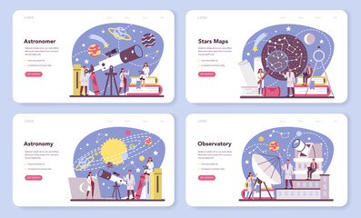 Astronomy and astronomer web banner or landing page set. Professional scientist