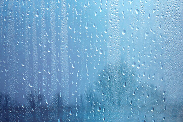 Naklejka na ściany i meble raindrops on glass, view through the window landscape autumn forest, park
