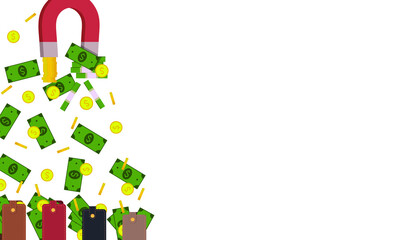 The magnet pulls money out of different wallets. Concept: extortion, fraud, attracting profitable customers. Vector illustration, flat cartoon design, isolated on white background, eps 10.