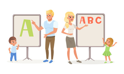 Obraz premium Man and Woman Teaching Kids Alphabet Letters Vector Illustration Set